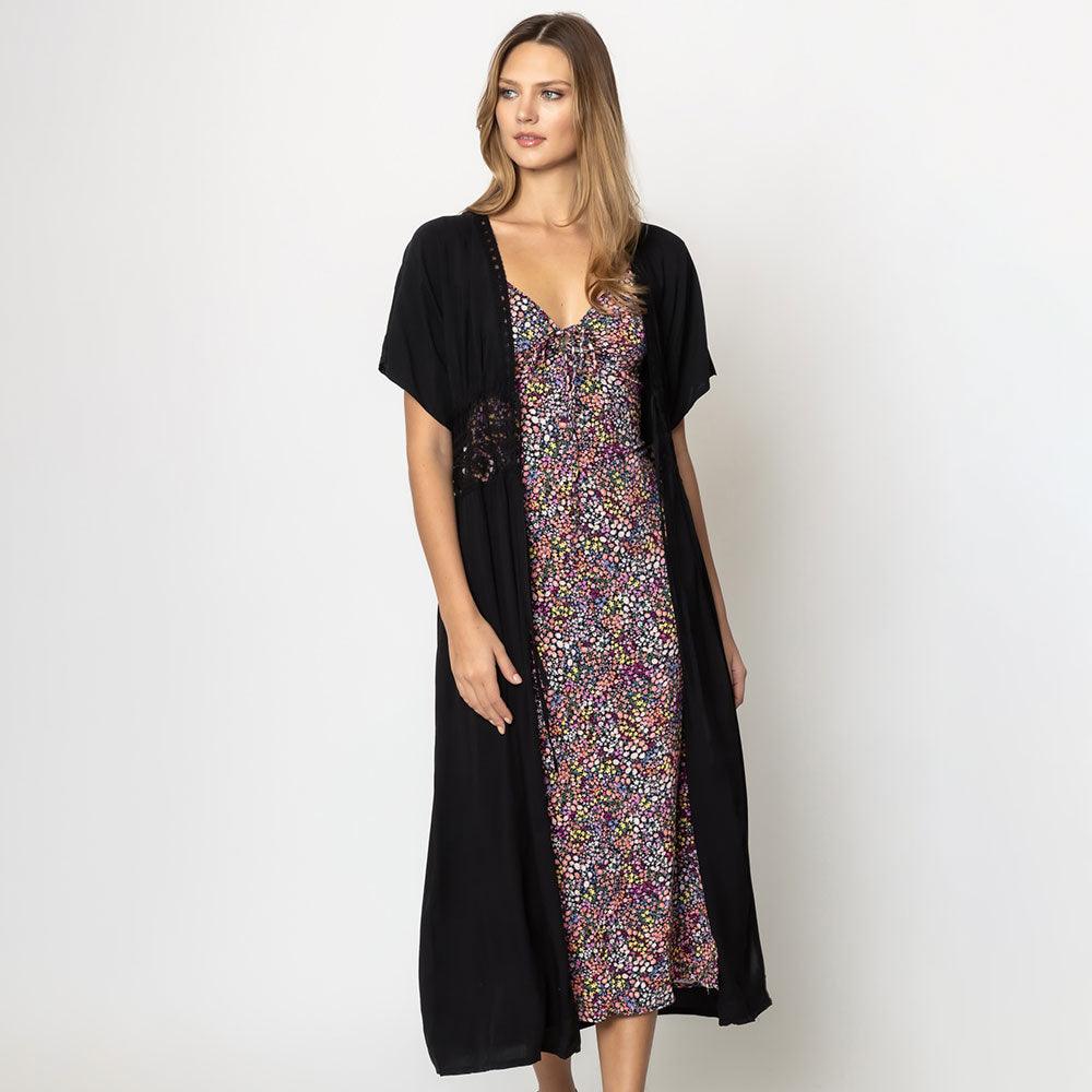 Black Lace Trim Long Cover Up Poncho