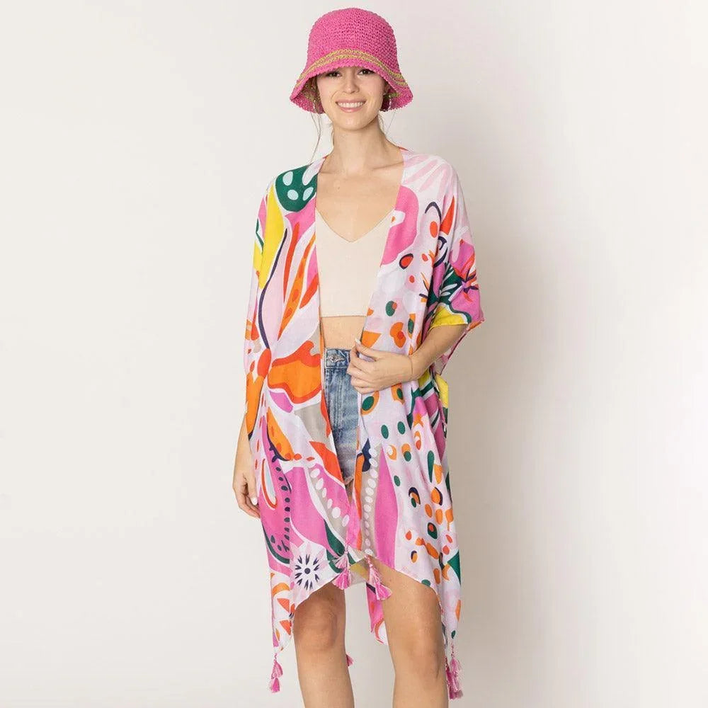 Fuchsia Tropical Floral Patterned Cover Up Kimono Poncho - Jewelry Store by Erik Rayo