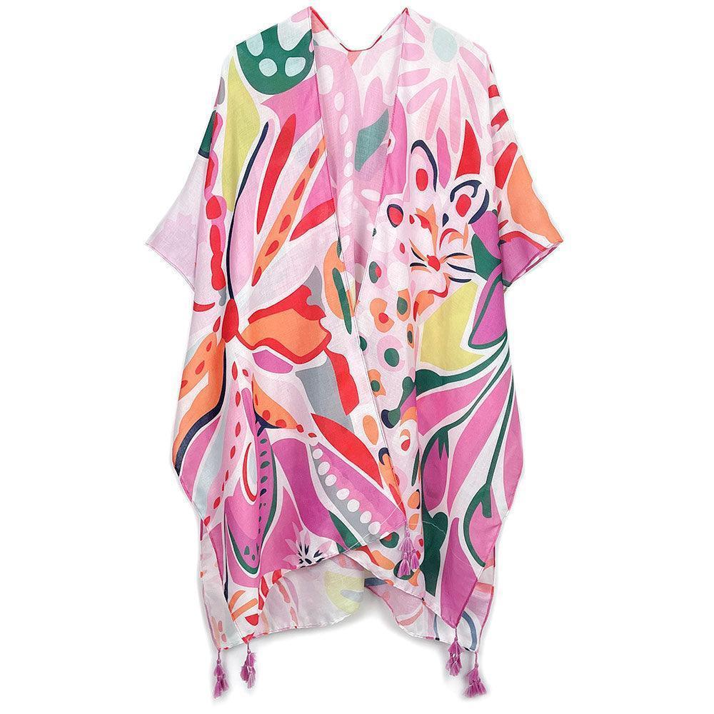 Fuchsia Tropical Floral Patterned Cover Up Kimono Poncho - Jewelry Store by Erik Rayo