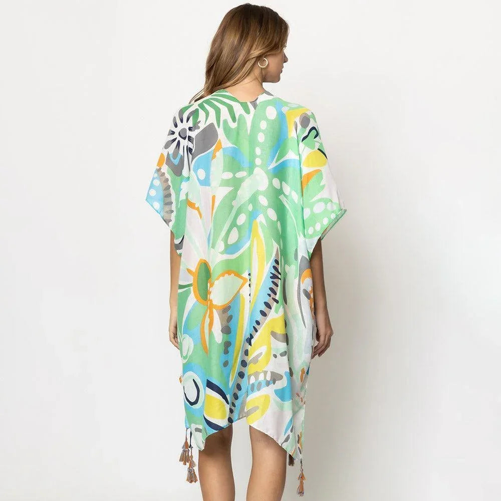 Orange Tropical Floral Patterned Cover Up Kimono Poncho - Jewelry Store by Erik Rayo