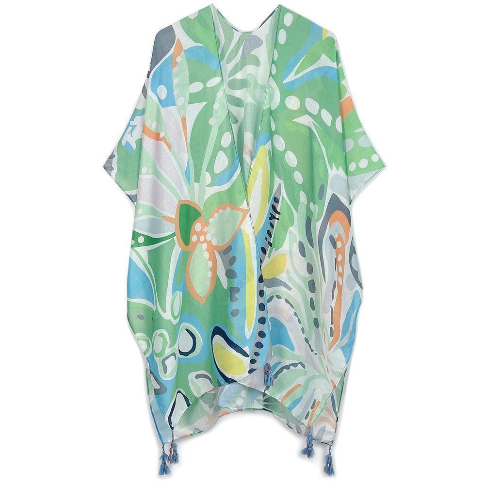 Orange Tropical Floral Patterned Cover Up Kimono Poncho - Jewelry Store by Erik Rayo