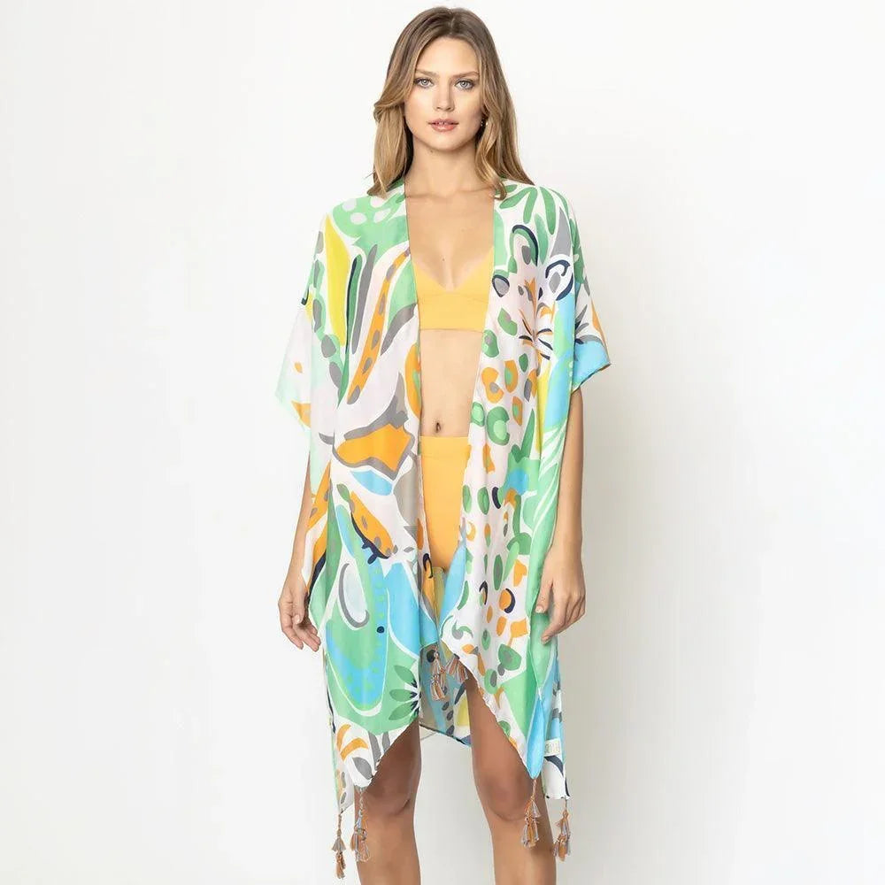Orange Tropical Floral Patterned Cover Up Kimono Poncho - Jewelry Store by Erik Rayo