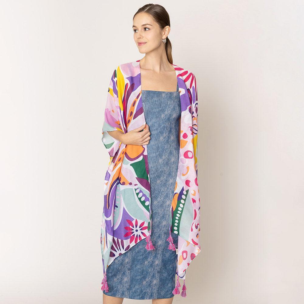 Purple Tropical Floral Patterned Cover Up Kimono Poncho - Jewelry Store by Erik Rayo