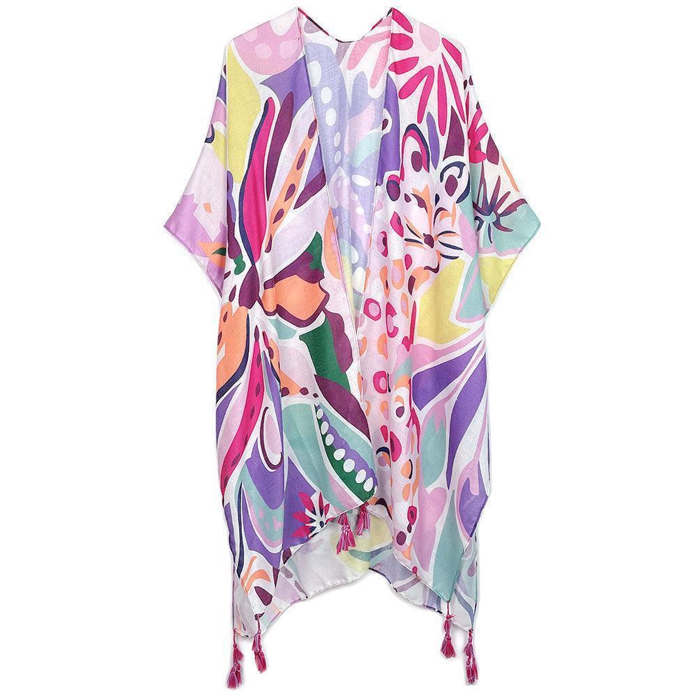 Purple Tropical Floral Patterned Cover Up Kimono Poncho - Jewelry Store by Erik Rayo