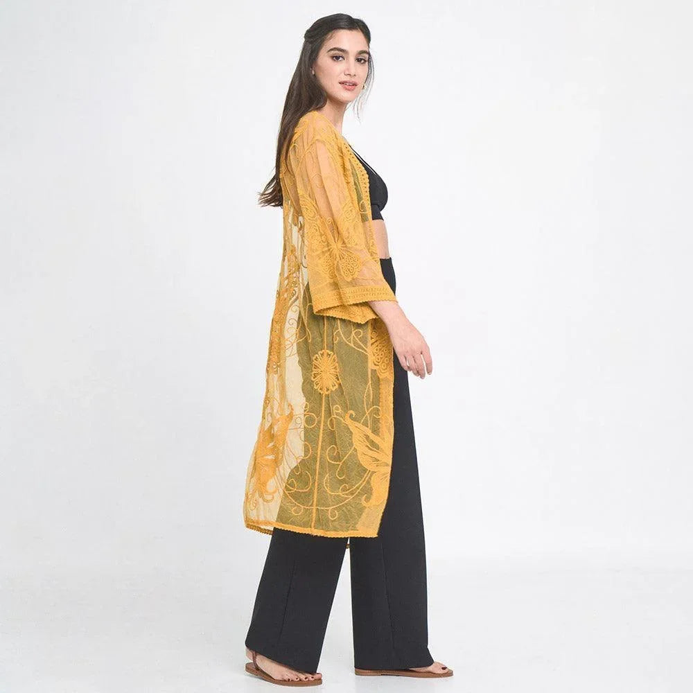 Mustard Butterfly Lace Cover Up Kimono Poncho - Jewelry Store by Erik Rayo