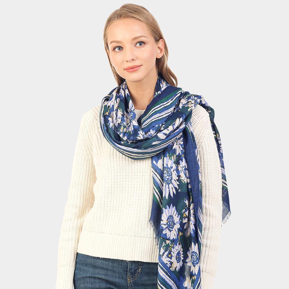 Blue Autumn Sunflower Pattern Oblong Scarf - Jewelry Store by Erik Rayo