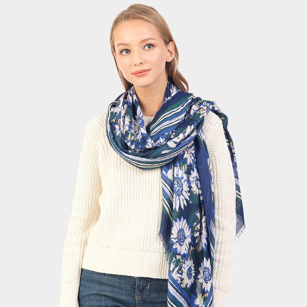 Blue Autumn Sunflower Pattern Oblong Scarf