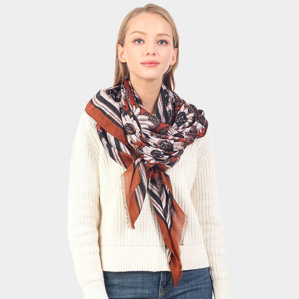Brown Autumn Sunflower Pattern Oblong Scarf - Jewelry Store by Erik Rayo