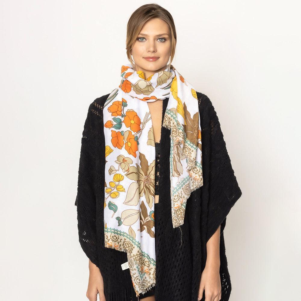 Taupe Flower Printed Oblong Scarf - Jewelry Store by Erik Rayo