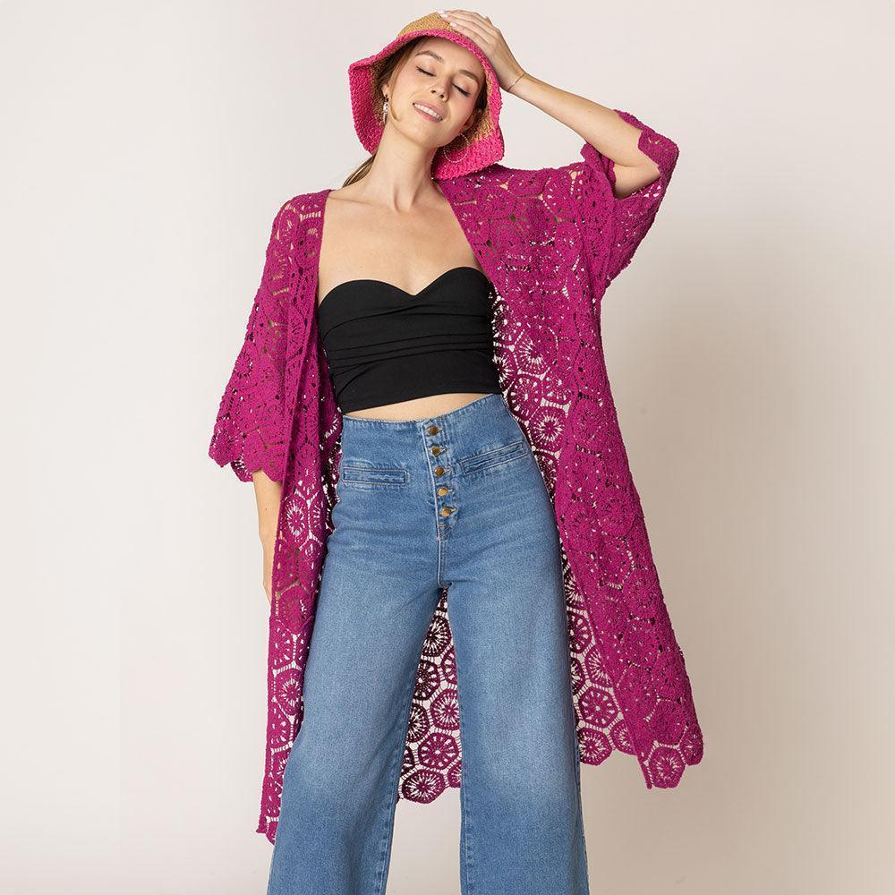 Fuchsia Crochet Long Cover Up Poncho - Jewelry Store by Erik Rayo
