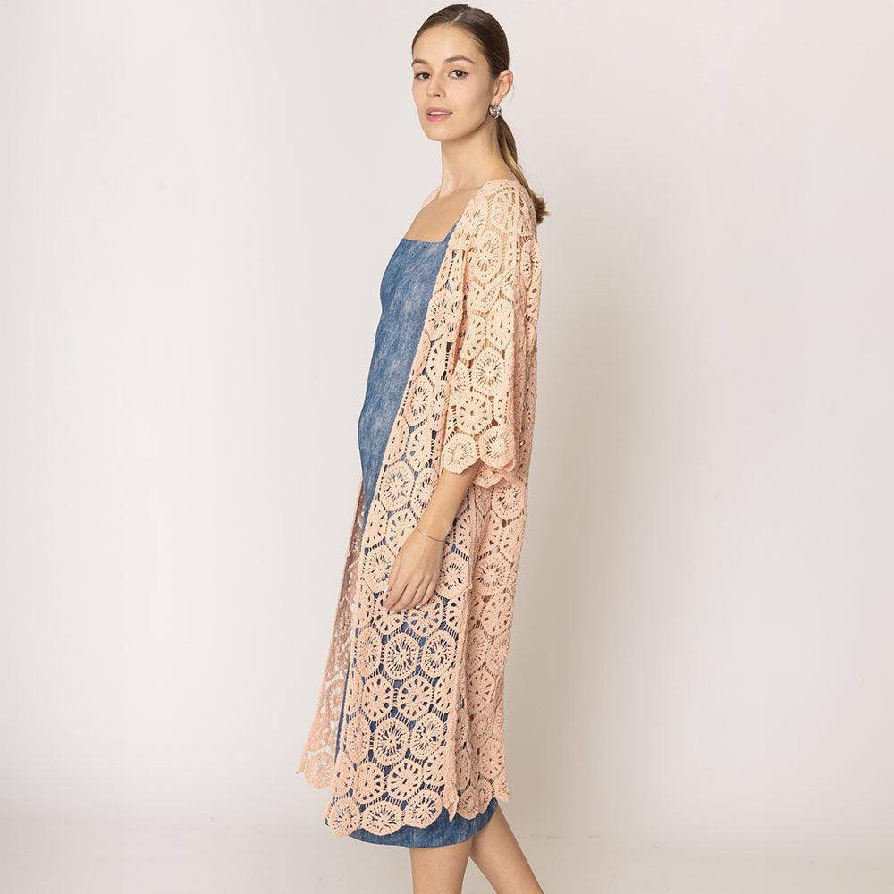Peach Crochet Long Cover Up Poncho