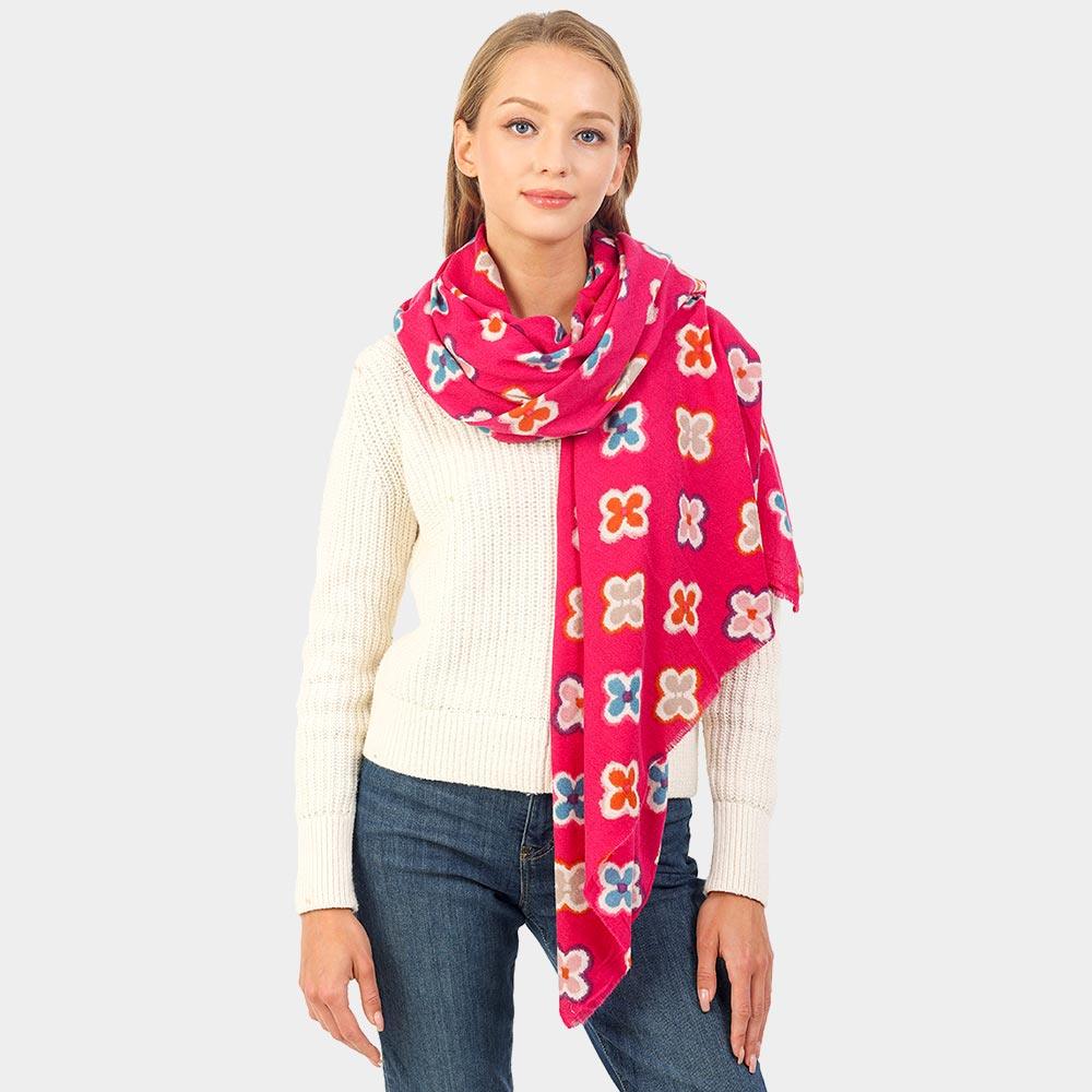 Pink Multi Colored Quatrefoil Printed Oblong Scarf