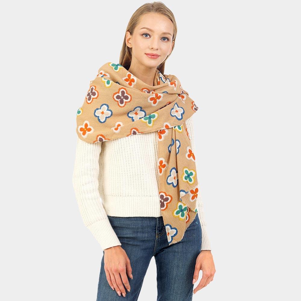 Taupe Multi Colored Quatrefoil Printed Oblong Scarf