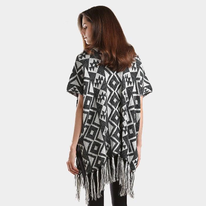 Black Geometric Pattern Fringe Edge Angora Poncho - Jewelry Store by Erik Rayo