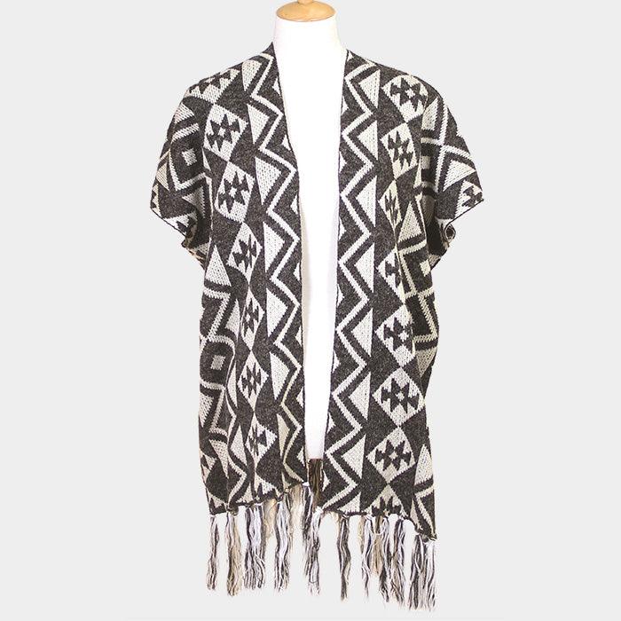 Black Geometric Pattern Fringe Edge Angora Poncho