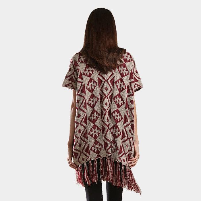 Burgundy Geometric Pattern Fringe Edge Angora Poncho - Jewelry Store by Erik Rayo