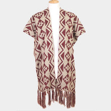 Load image into Gallery viewer, Burgundy Geometric Pattern Fringe Edge Angora Poncho
