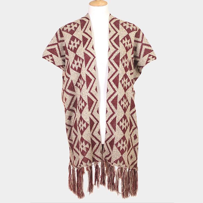 Burgundy Geometric Pattern Fringe Edge Angora Poncho