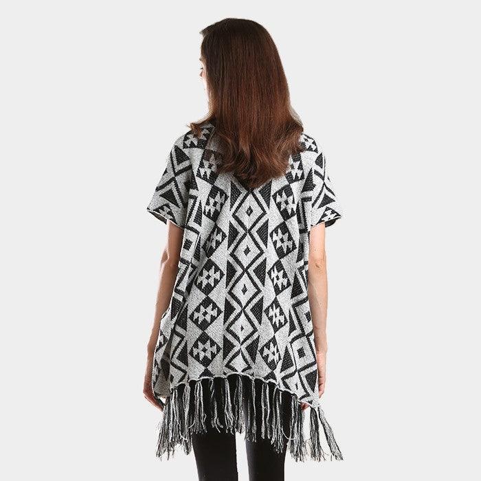 Gray Geometric Pattern Fringe Edge Angora Poncho - Jewelry Store by Erik Rayo
