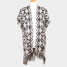 Load image into Gallery viewer, Gray Geometric Pattern Fringe Edge Angora Poncho
