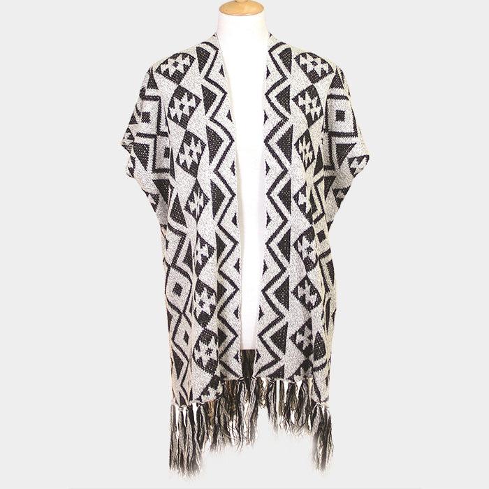 Gray Geometric Pattern Fringe Edge Angora Poncho