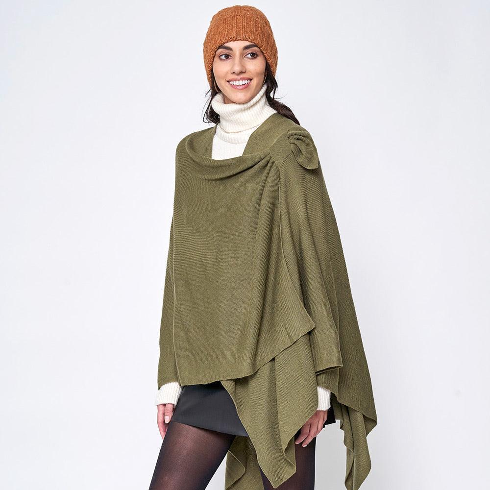 Olive Green Shoulder Strap Solid Ruana Poncho - Jewelry Store by Erik Rayo