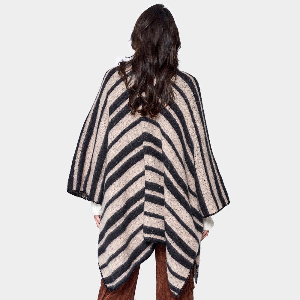Beige Striped Cozy Two Tone Knit Kimono Poncho - Jewelry Store by Erik Rayo