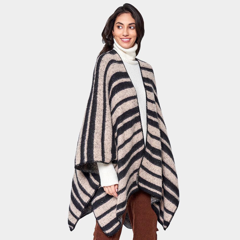 Beige Striped Cozy Two Tone Knit Kimono Poncho - Jewelry Store by Erik Rayo