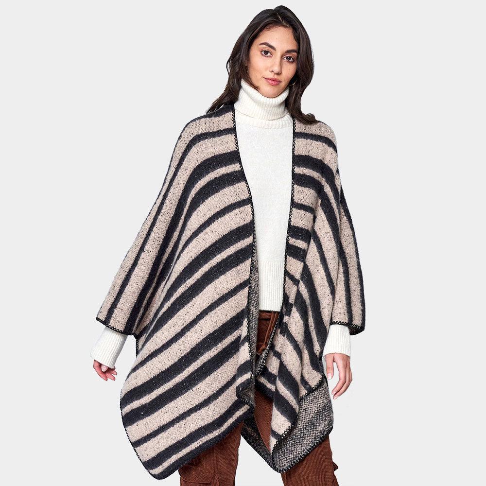 Beige Striped Cozy Two Tone Knit Kimono Poncho - Jewelry Store by Erik Rayo
