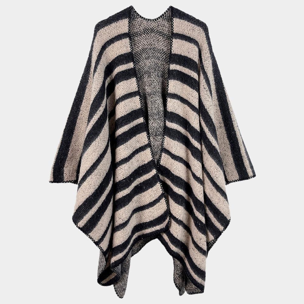 Beige Striped Cozy Two Tone Knit Kimono Poncho - Jewelry Store by Erik Rayo
