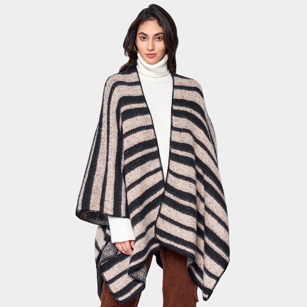 Beige Striped Cozy Two Tone Knit Kimono Poncho - Jewelry Store by Erik Rayo