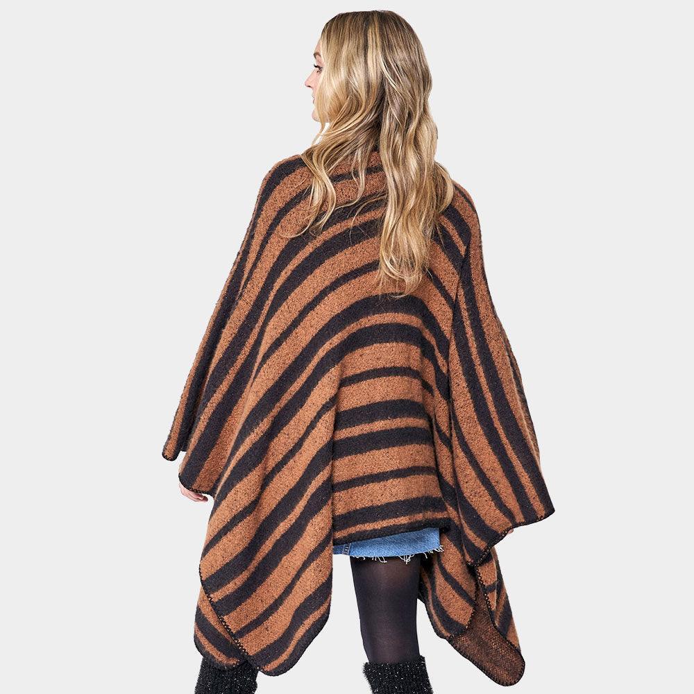 Brown Striped Cozy Two Tone Knit Kimono Poncho - Jewelry Store by Erik Rayo