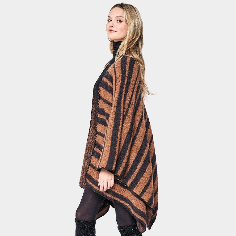 Brown Striped Cozy Two Tone Knit Kimono Poncho - Jewelry Store by Erik Rayo