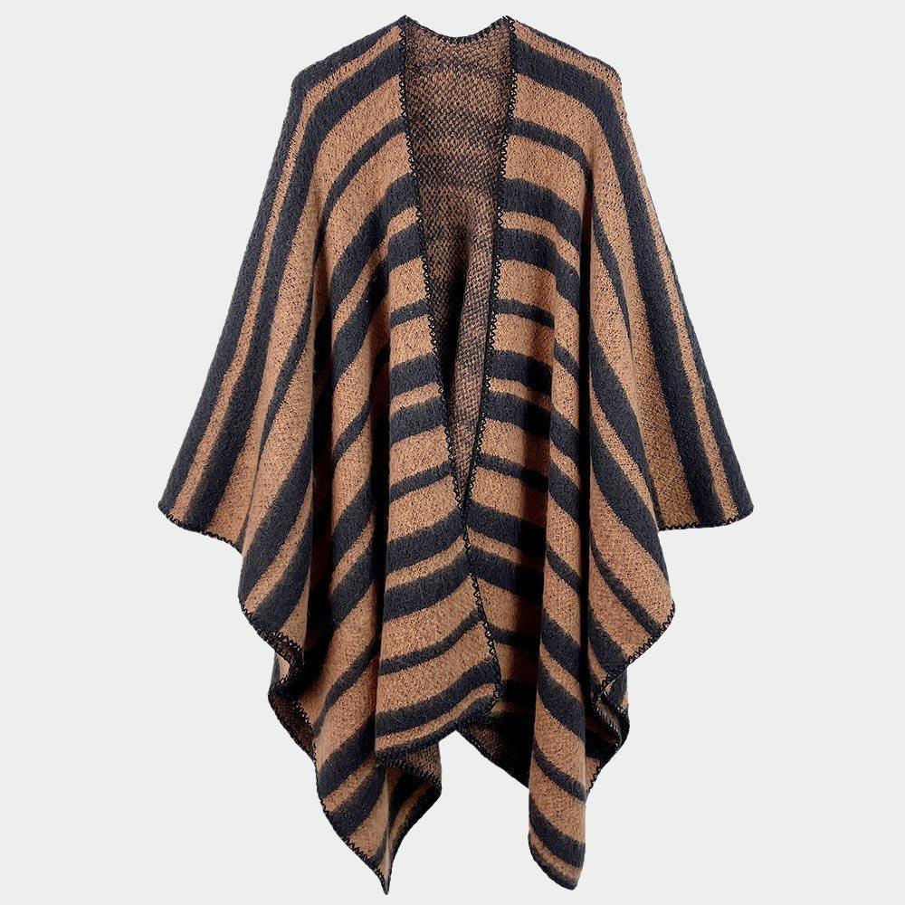 Brown Striped Cozy Two Tone Knit Kimono Poncho - Jewelry Store by Erik Rayo