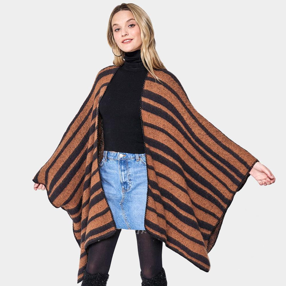Brown Striped Cozy Two Tone Knit Kimono Poncho - Jewelry Store by Erik Rayo