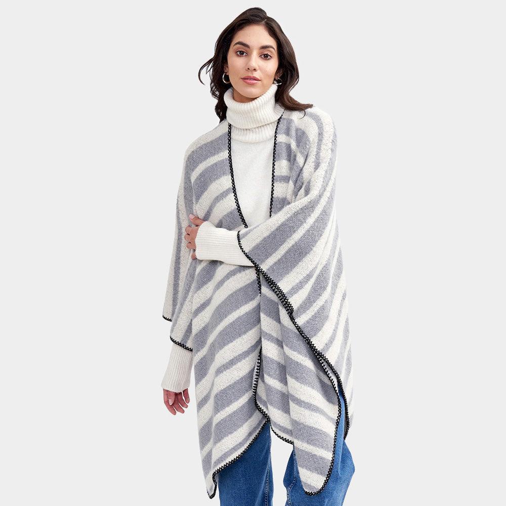 Gray Striped Cozy Two Tone Knit Kimono Poncho - Jewelry Store by Erik Rayo