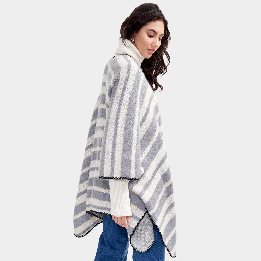 Gray Striped Cozy Two Tone Knit Kimono Poncho - Jewelry Store by Erik Rayo