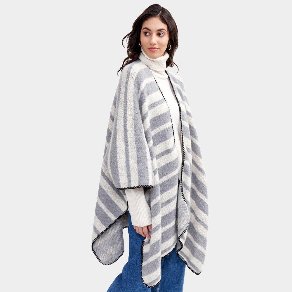 Gray Striped Cozy Two Tone Knit Kimono Poncho - Jewelry Store by Erik Rayo