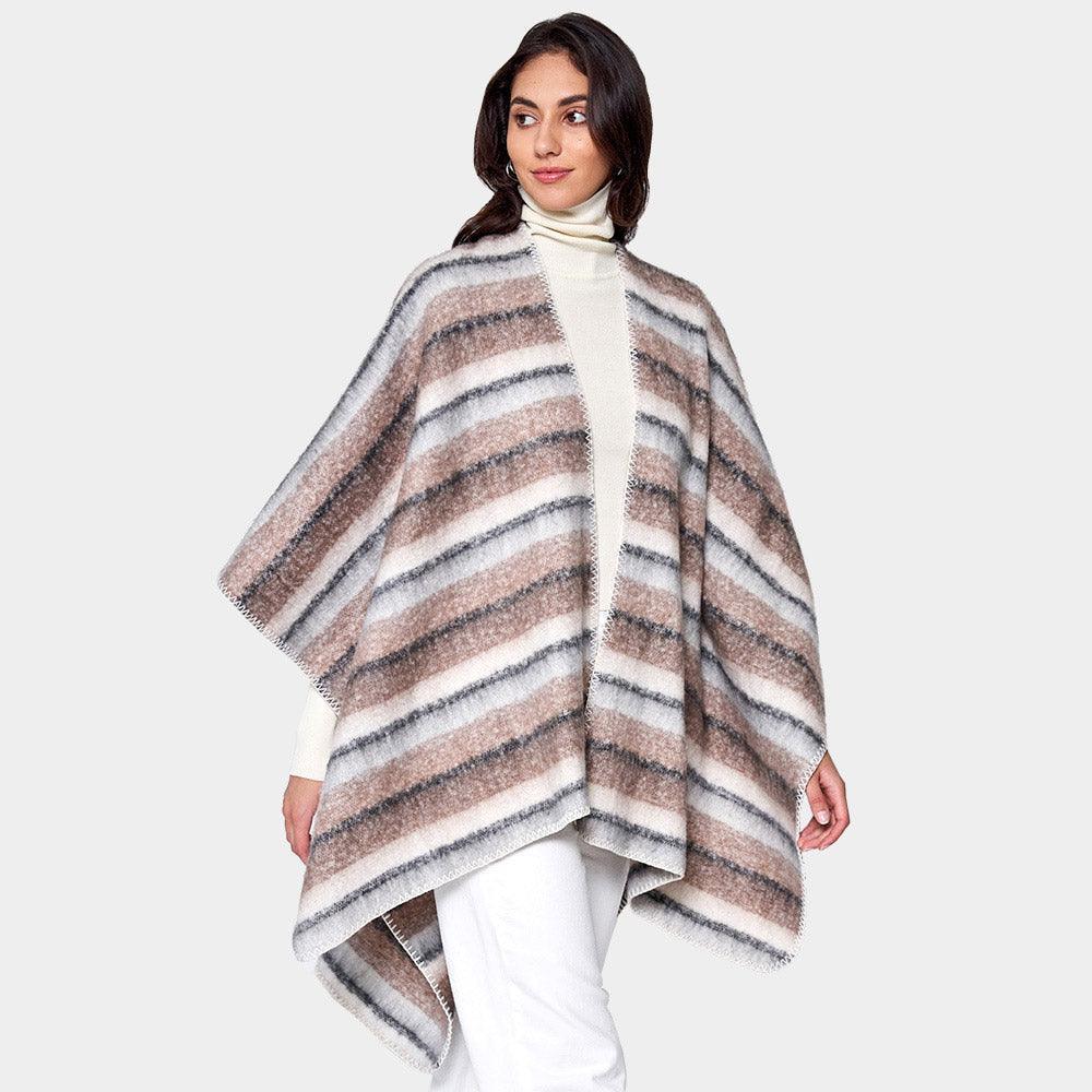 Brown Cozy Striped Three Tone Ruana Poncho - Jewelry Store by Erik Rayo