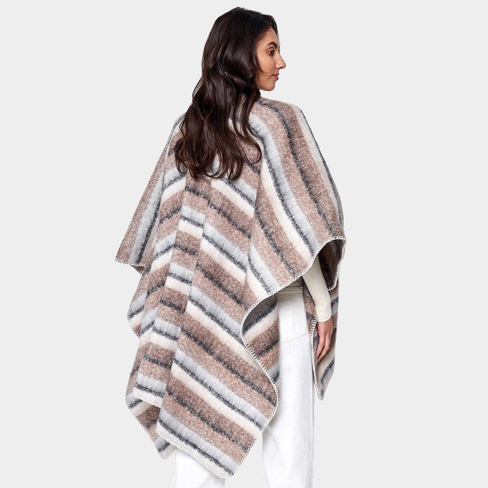 Brown Cozy Striped Three Tone Ruana Poncho - Jewelry Store by Erik Rayo