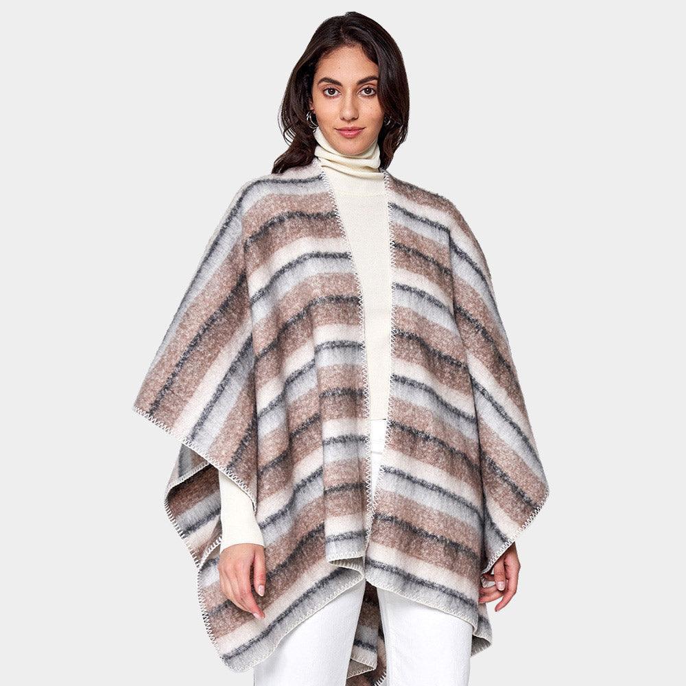 Brown Cozy Striped Three Tone Ruana Poncho - Jewelry Store by Erik Rayo