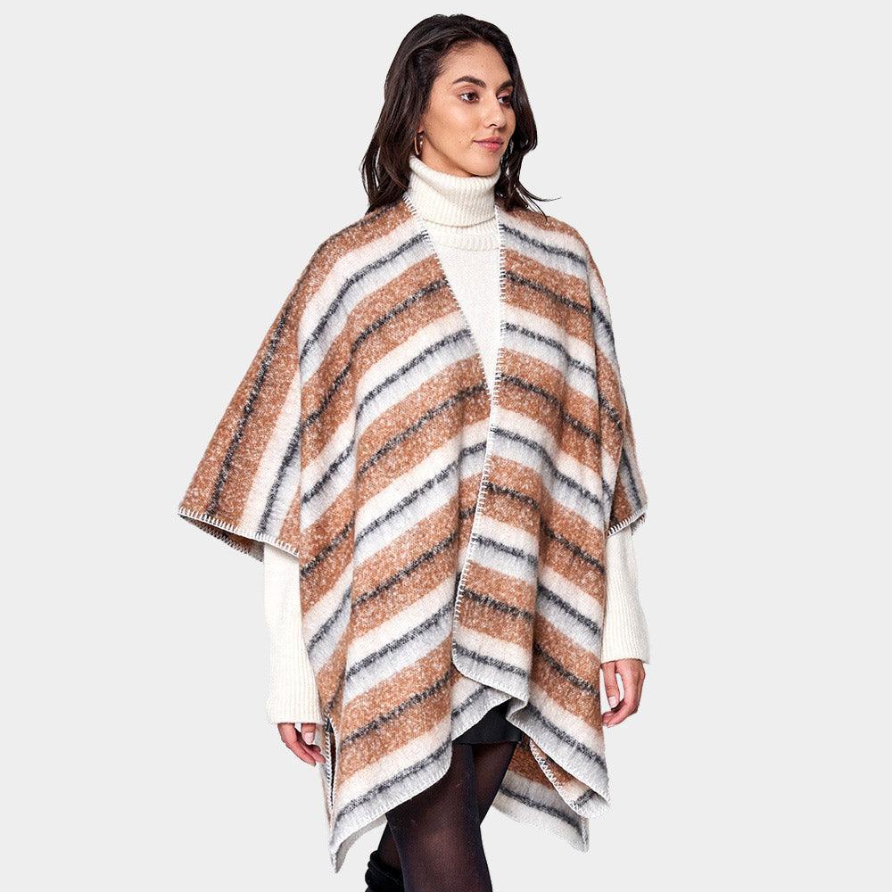 Camel Cozy Striped Three Tone Ruana Poncho - Jewelry Store by Erik Rayo