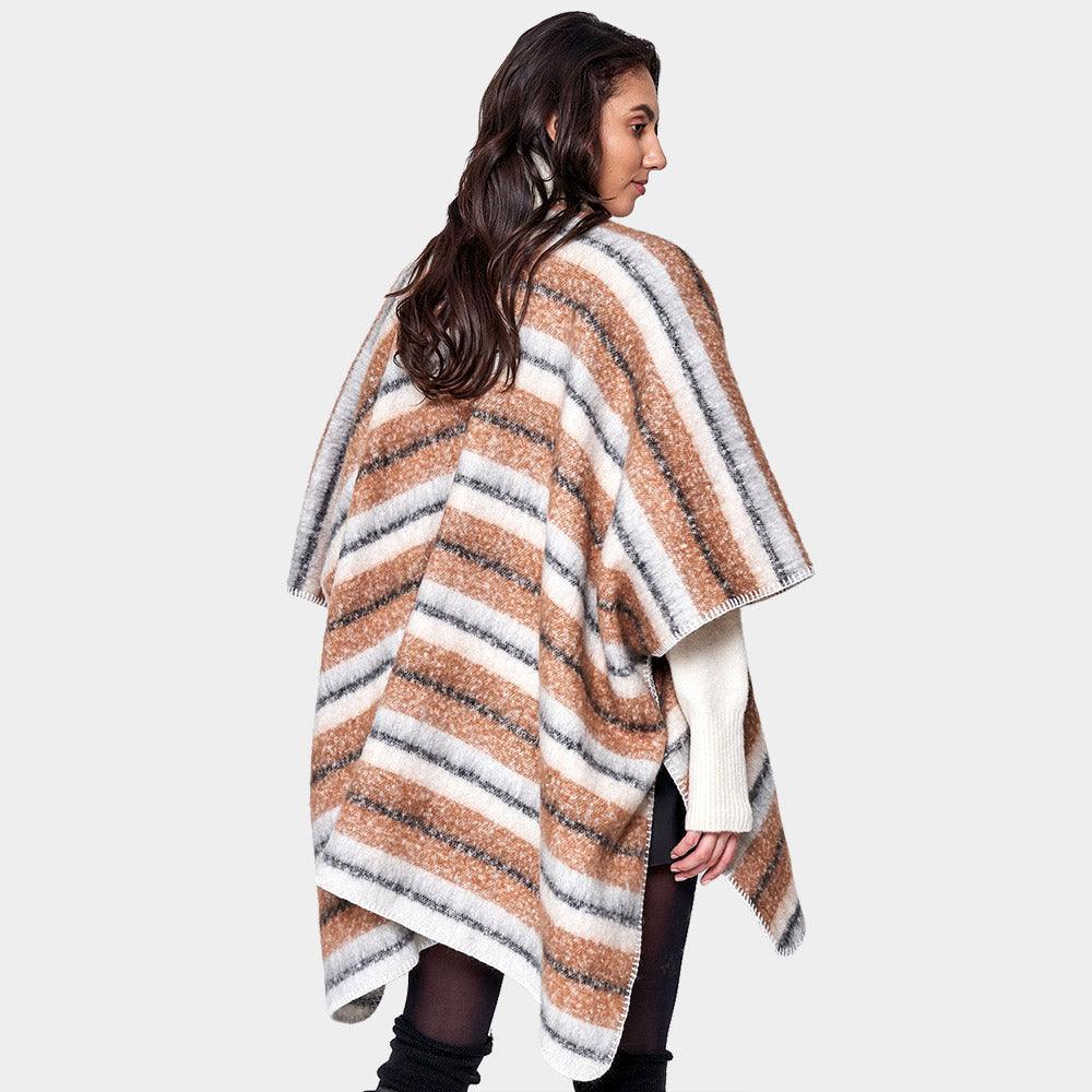 Camel Cozy Striped Three Tone Ruana Poncho - Jewelry Store by Erik Rayo