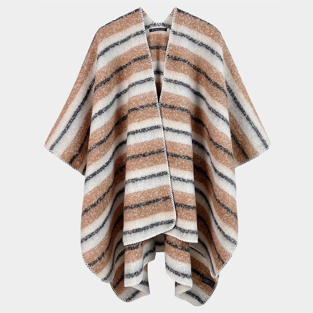 Camel Cozy Striped Three Tone Ruana Poncho - Jewelry Store by Erik Rayo