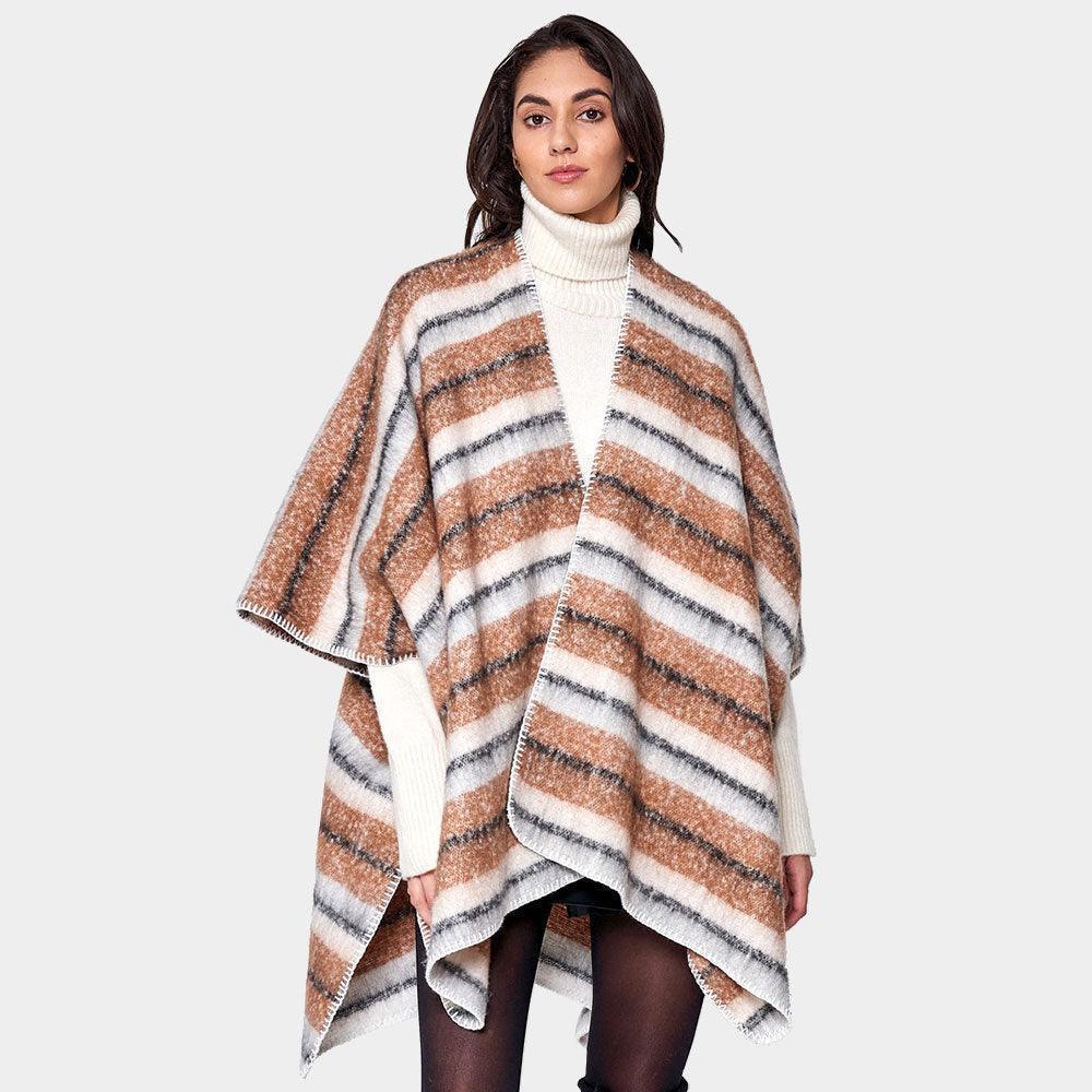 Camel Cozy Striped Three Tone Ruana Poncho - Jewelry Store by Erik Rayo
