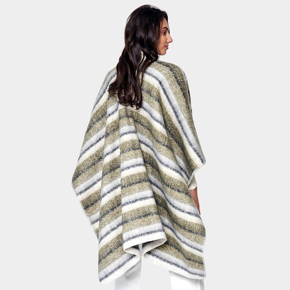 Olive Green Cozy Striped Three Tone Ruana Poncho - Jewelry Store by Erik Rayo