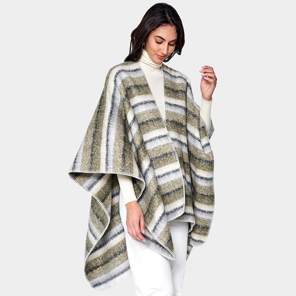Olive Green Cozy Striped Three Tone Ruana Poncho - Jewelry Store by Erik Rayo