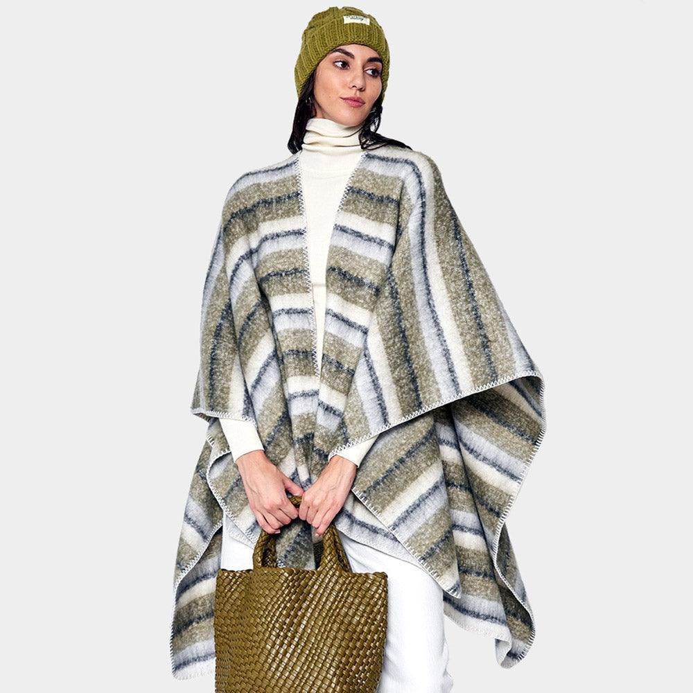 Olive Green Cozy Striped Three Tone Ruana Poncho - Jewelry Store by Erik Rayo
