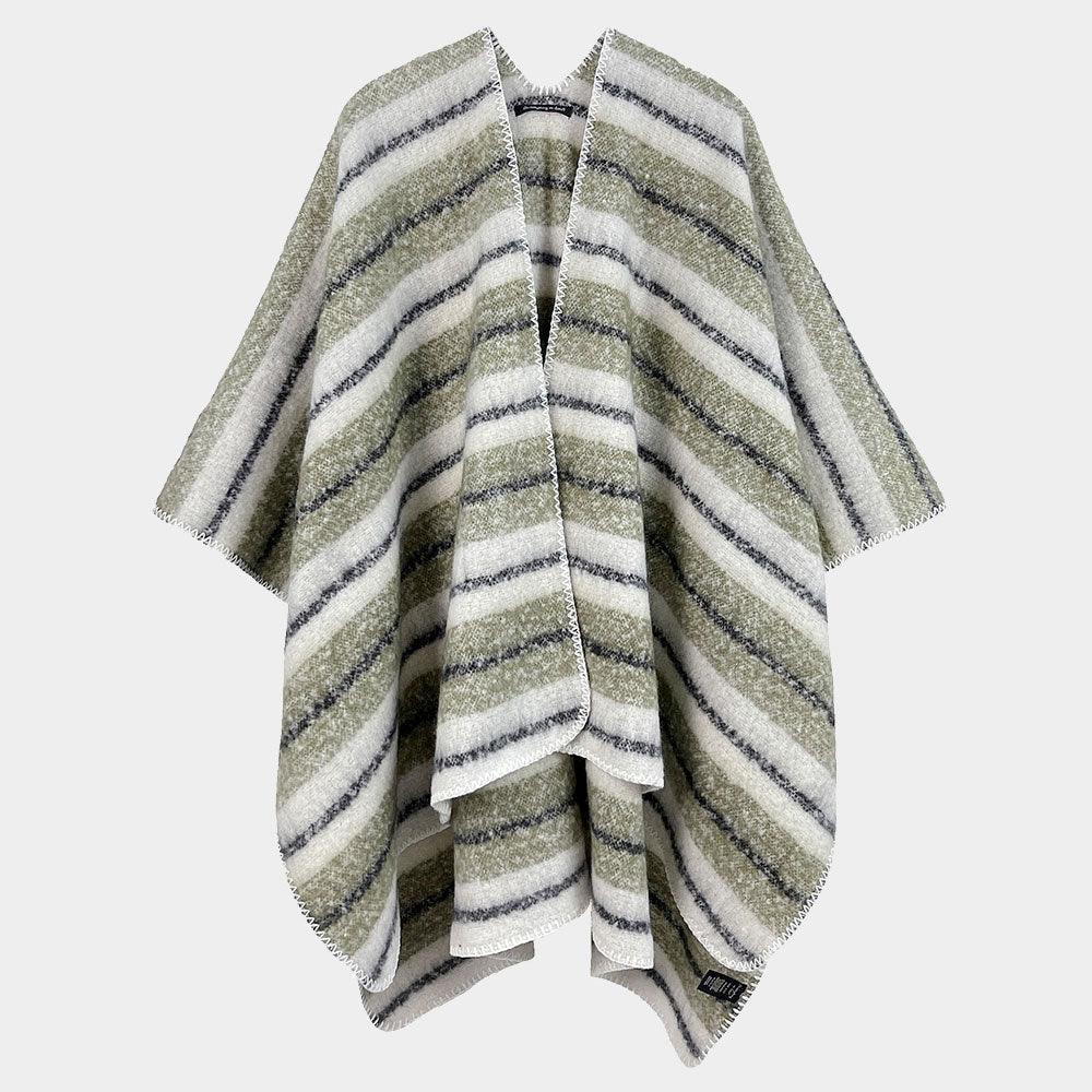 Olive Green Cozy Striped Three Tone Ruana Poncho - Jewelry Store by Erik Rayo