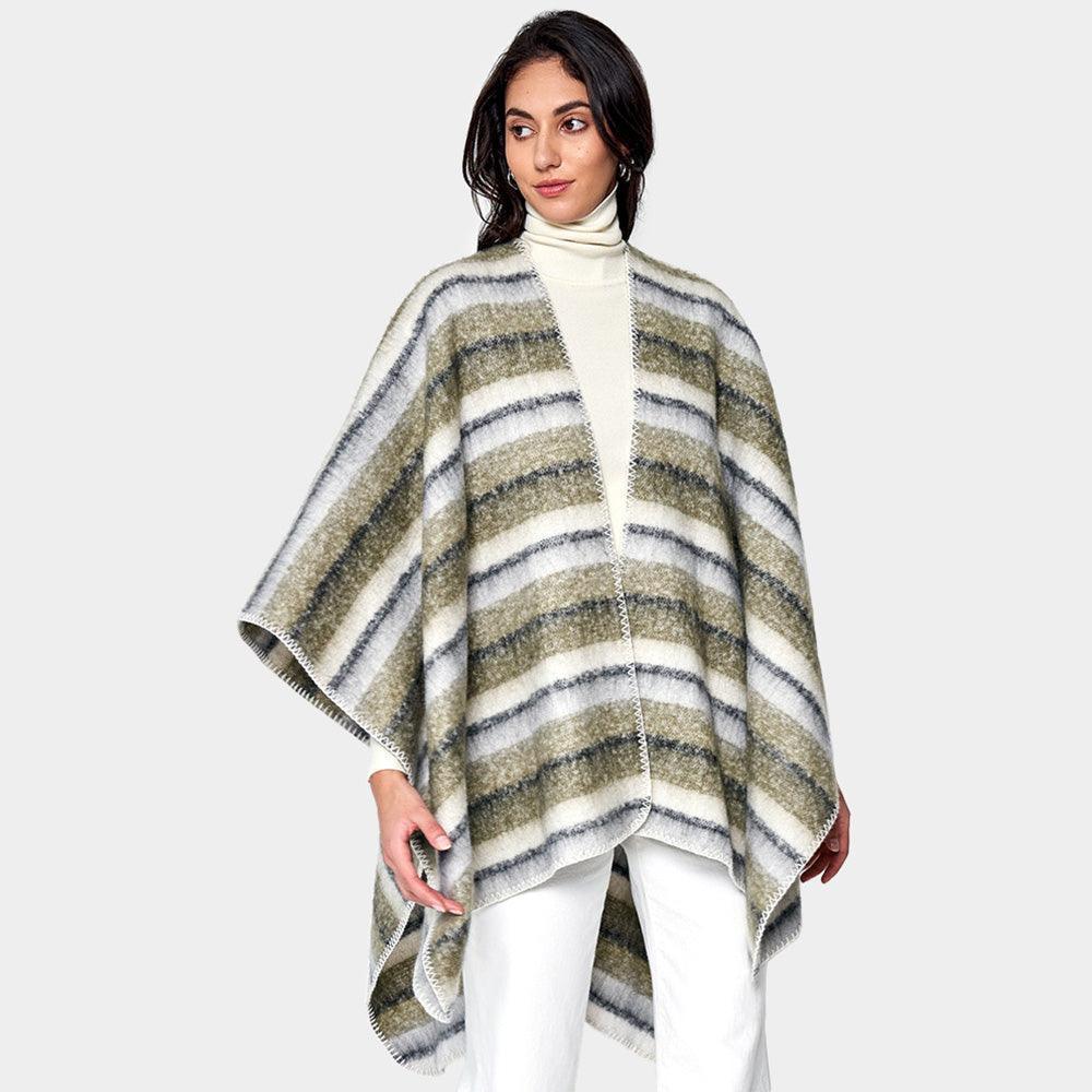 Olive Green Cozy Striped Three Tone Ruana Poncho - Jewelry Store by Erik Rayo